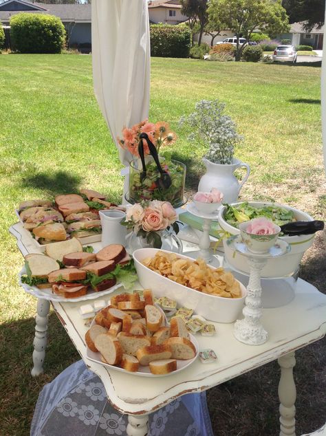 Tea Party food setup Tea Party Ideas Outdoor, Afternoon Tea Graduation Party, Tea Party Beverage Station, Patio Tea Party, Tea Party Food Setup, French Country Tea Party, Outdoor Food Setup, Backyard Tea Party Kids, Spring Tea Party Food