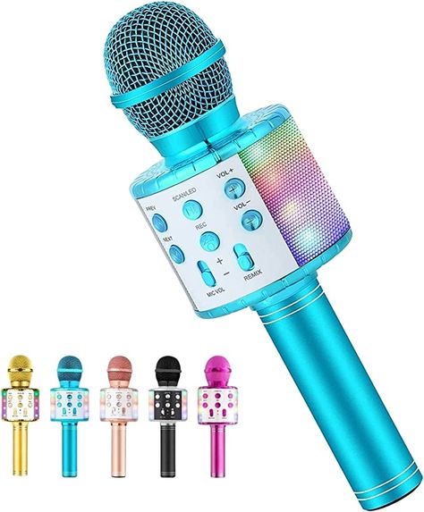 Amazon.com: Voice Changing Karaoke Microphone for Kids Singing,5 in 1 Wireless Bluetooth Microphone with LED Lights Karaoke Machine Portable Mic Speaker Player Recorder for Home Party Birthday : Musical Instruments Singing Microphone, Bluetooth Microphone, Blue Microphones, 17th Birthday Gifts, Karaoke Microphone, Kids Singing, Karaoke Machine, Karaoke Party, Food Gift Cards