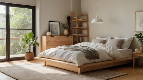 Muji Minimalism at Home ☁️ This calming bedroom features a light wood platform bed, crisp white bedding, and a woven basket for effortless storage. Sunlight streams through a large window, creating a serene haven in your apartment. Shop Muji or recreate the look for ultimate relaxation! #mujiinspired #japandi #minimalistbedroom #apartmenttherapy #lightandairy #platformbed #naturaltextures #wovenbasket #storagegoals #sunlighttherapy #serenevibes #calmingdecor #homestyle #mydomaine #interiori... Muji Home Bedroom, Tender Cama, Japandi Bed, Muji Home, Calming Bedroom, Large Window, Wood Platform Bed, Woven Basket, White Bedding