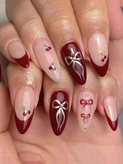 Burgundy Nail Art, Bow Nail Designs, Bow Nail Art, Kutek Disney, Nagellack Trends, Cherry Nails, Nagel Tips, Nail Art Set, Color Nails