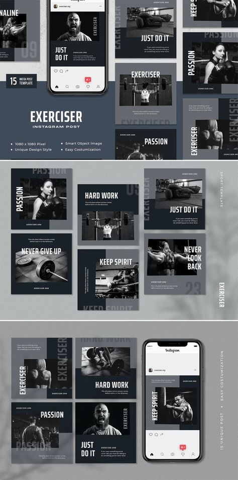 Gym & Fitness Instagram Post Templates PSD - 15 Files. All graphics resizable and editable. Gym Post Ideas, Fitness Instagram Feed, Gym Posts, Gym Template, Fitness Instagram Post, Layout Insta, Gym Branding, Ig Design, Instagram Layouts