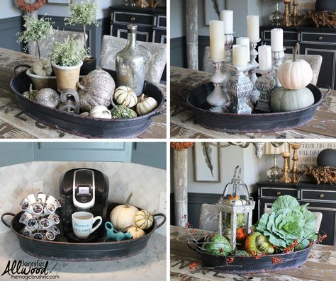 I'm pretty sure I could recreate the fall Center piece using a tray, black lantern (I already own) some gords and a cabbage Also I love the color of countertop with backsplash and grey kitchen cabinets Kitchen Table Tray Decor, Metal Tray Decor Ideas, Metal Tray Decor, Mirror Tray Decor, Dining Table Tray, Succulent Candles, Coffee Table Decor Tray, Tray Decor Ideas, Serving Tray Decor