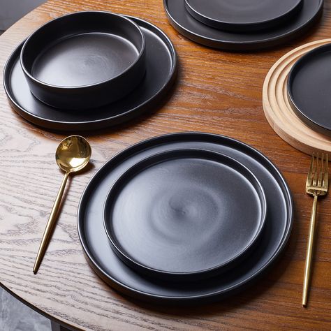 Black Dishes Set, Plate Sets Modern, Black Tableware Setting, Modern Plate Set, Black Plates And Bowls Set, Cool Dishes Set, Dishes For Kitchen, Black Plate Set, Stone Plates Dinnerware