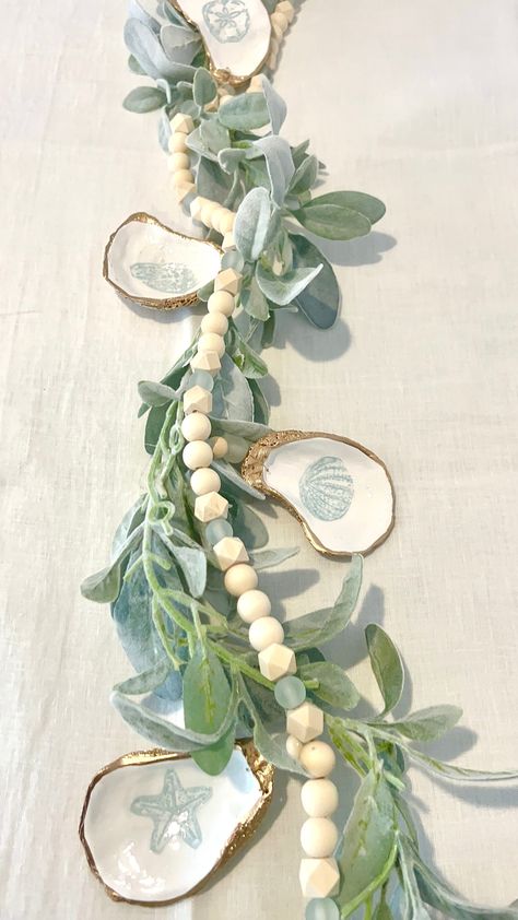 Coastal Dinner Party Sea Glass and Shell Garland Centerpiece & Oyster Napkin Ring Decor Set. Decoupaged Oyster Shell Beach Party Decor Idea - Etsy Pearl And Oyster Theme Party, Oyster Themed Engagement Party, Oyster Engagement Party, Coastal Party Decor, Coastal Party Theme, Coastal Engagement Party, Oyster Centerpiece, Coastal Theme Party, Beach Themed Engagement Party