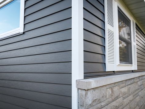 Shake Shingle Siding, Mastic Vinyl Siding, Mastic Siding, Vertical Vinyl Siding, Grey Vinyl Siding, Vinyl Soffit, Vinyl Siding Colors, Siding Styles, Blue Siding