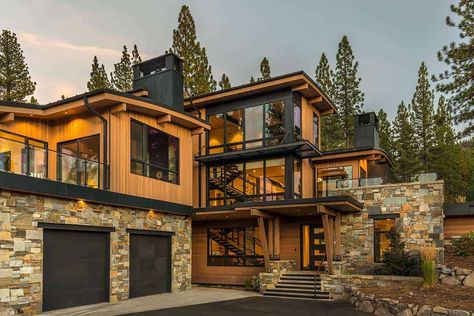 Sky high mountain modern luxury surrounded by nature in Sierra Nevadas Mountain Home Patio, Mountain Contemporary Home, Martis Camp, Modern Mountain Home, High Mountain, Mountain Modern, Modern Mountain, Fire Pit Patio, Mountain Homes