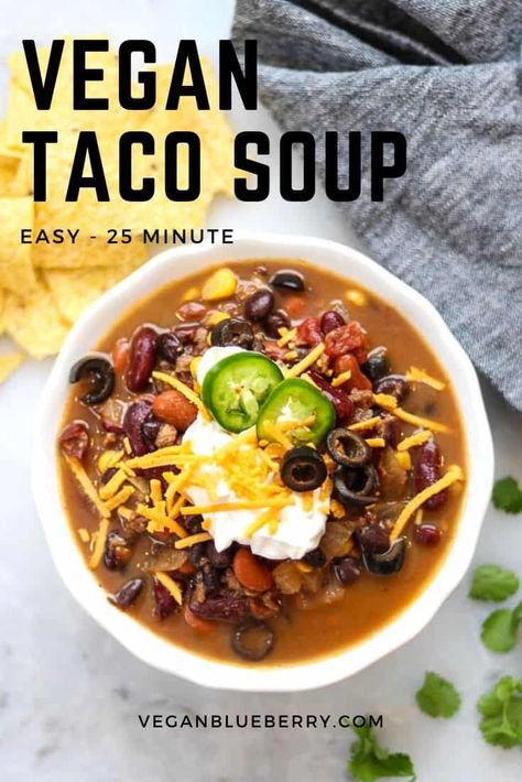 This is simply the best easy vegan taco soup recipe! It comes together in 25 minutes or less! Full of lip-smacking irresistible flavor and plenty of naturally healthy protein! Your family is going to love it - vegan or not! Crockpot and instant pot directions included! #veganrecipes Taco Instant Pot, Taco Soup Instant Pot, Vegan Taco Soup, Soup Instant Pot, Vegan Taco, Plant Based Soups, Pot Recipes Healthy, Vegan Mexican Recipes, Vegetarian Soup Recipes