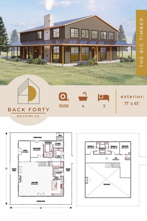 Two Story Barndominium, Steel Building Homes, Barn Homes Floor Plans, Big Timber, Metal Building Home, Barn Style House Plans, Butlers Pantry, Barndominium Floor Plans, Shop House Plans