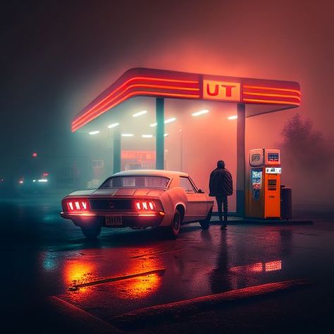 Car Neon Lights, Cinematic Car Shots, Driving Photoshoot, Car Light Photoshoot, Gas Station Photoshoot Night, Neon Gas Station, Night Car Photography, Old School Car Photoshoot, Headlight Photoshoot