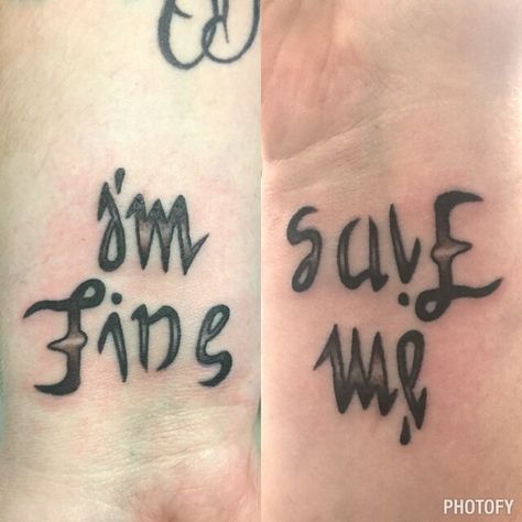 My Ambigram. Im finesave me Im Fine Save Me Tattoo, Im Fine Tattoo, Save Me Tattoo, I'm Fine Save Me, Ambigram Tattoo, Health Tattoo, Me Tattoo, Im Fine, Bts Tattoos