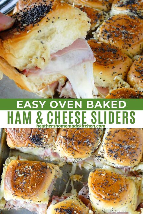 These Easy Ham and Cheese Sliders are a delicious combo of ham, swiss and provolone cheeses, on sweet dinner rolls, and topped with a yummy butter sauce. They are a breeze to whip up and the perfect appetizer for game days, parties and any celebration. Easy Ham And Cheese Sliders, Ham Cheese Sliders, Ham Sliders, Ham And Cheese Sliders, Sandwich Wraps Recipes, Sweet Dinner Rolls, Cheese Sliders, Easy Ham, Healthy Freezer Meals