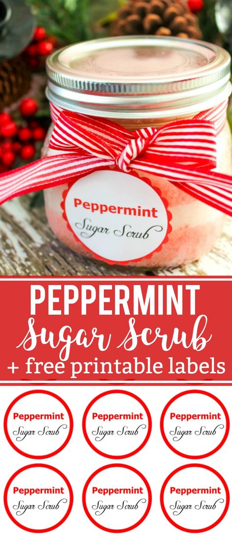 Homemade Peppermint Sugar Scrub Recipe wit Free Printable Labels - Easy DIY Holiday Gift Idea! Peppermint Sugar Scrub Labels Printable, Sugar Scrub Labels Printable Free, Peppermint Sugar Scrub Diy, Diy Peppermint Sugar Scrub Recipe, Sugar Scrub Diy Peppermint, Sugar Scrub Labels, Peppermint Scrub, Peppermint Sugar Scrub, Sugar Scrub Homemade Recipe