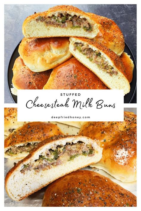 Cheesesteak Stuffed Milk Buns are basically exactly what they sound like: soft, fluffy milk bun rolls stuffed with cheesy shaved steak. #recipes #cheesesteak #milkbread #deepriedhoney Stuffed Bun Recipe, Stuffed Buns Recipe, Shaved Steak Recipes, Milk Buns Recipe, Shaved Steak, Stuffed Buns, Milk Buns, Milk Bun, Dough Starter