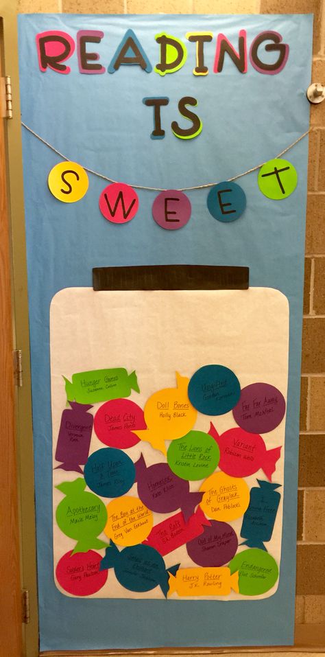 Reading is Sweet Read A Thon Door Decorations, Reading Is Sweet Theme, Reading Competition Bulletin Boards, Reading Theme Door Decorating Ideas, Reading Door Decorating Ideas, Candyland Library Theme, Reading Is Sweet Bulletin Board, I Love To Read Month Door Decorations, Book Fair Door Decorations