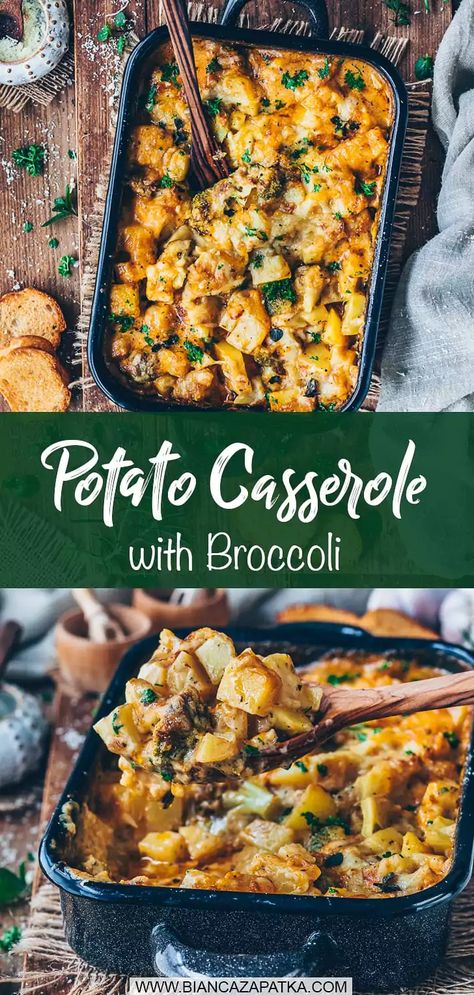 This Vegan Potato Broccoli Casserole recipe is super creamy, perfectly saucy, and simply delicious! You'll only need a few plant-based ingredients to make this easy cheesy veggie potato bake! #potatoes #easyrecipes #casserole #veganrecipes #vegetarian #recipes #food #vegan #broccoli #gratin | biancazapatka.com Dinner With Potatoes Vegetarian, Vegetarian Baked Dishes, Potato Bake Vegan, Potato Meals Vegetarian, Potato Meals Healthy, Vegetarian Meal With Potatoes, Vegan Veggie Bake Recipes, Vegetarian Broccoli Casserole, Vegan Baked Casserole