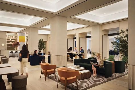 With the Savoy Club, Forgarty Finger Brings a 1960s Spirit Back to the General Motors Building | Architectural Record Folding Partition, Collaboration Area, Company Structure, Upholstered Banquette, Retail Signage, Floor Sitting, Washroom Design, Commercial Construction, Bathroom Colors