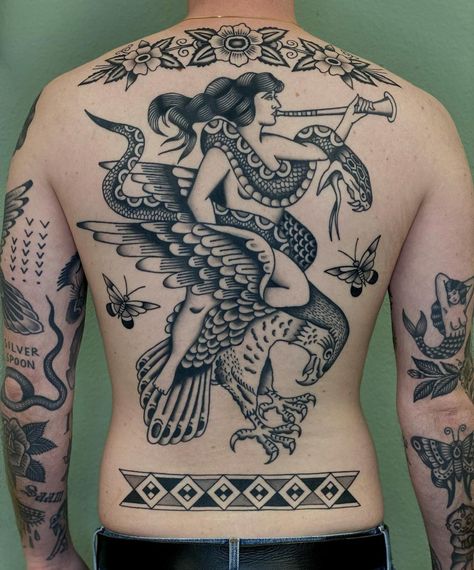 Tattoo artist WES WIZ | Amsterdam, Netherlands | iNKPPL Old School Back Piece Tattoo, Traditional Backpiece Tattoo, Neotraditional Back Tattoo, Old School Back Tattoo, Traditional Tattoo Arrow, Traditional Backpiece, Backpiece Tattoo For Women, Traditional Back Piece Tattoo, American Traditional Back Piece