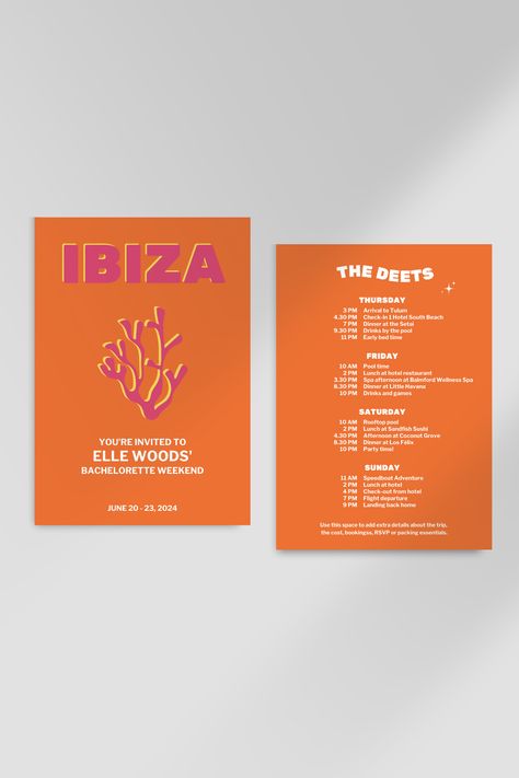 Ibiza Party Invitation, Hens Party Itinerary, Ibiza Hen Do Itinerary, Itinerary Graphic Design, Colombia Bachelorette Party, Bachelorette Ibiza, Ibiza Bachelorette Party, Hen Do Itinerary, Bachelorette Itinerary Ideas