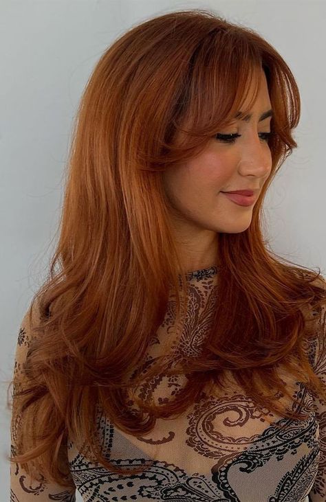 40 Long Layered Haircuts To Try Right Now : Copper Red U-Shaped Layers 70s Medium Length Haircut, Red Hair With Butterfly Cut, Butterfly Haircut Copper Hair, Butterfly Haircut Red Hair, Copper Hair With Layers, Copper Shag Hair, 70s Layers, Haircut Layers Long, Soft Shag Haircut Long