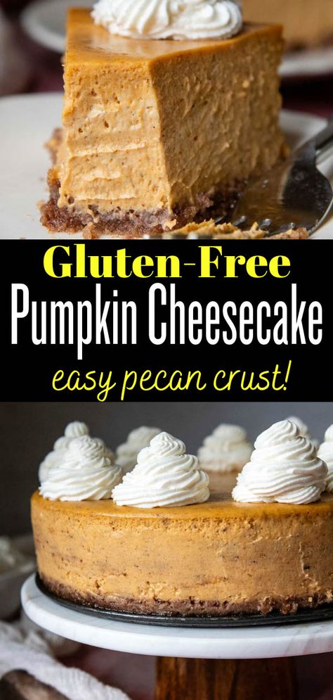 Learn how to make the best gluten-free pumpkin cheesecake with an exceptionally airy, creamy texture and no speciality ingredients required. What's the trick for velvety smooth texture, rather than dense and heavy? This well-tested pumpkin cheesecake filling uses heavy cream and an easy baking technique for guaranteed results. When paired with an easy, 5-minute pecan crust you have a GF pumpkin dessert any home baker can pull off! Gf Pumpkin Cheesecake, Mama Gourmand, Gf Cheesecake, Mamagourmand Recipes, Pumpkin Cheesecake Filling, Gluten Free Pumpkin Desserts, Gluten Free Cheesecake Recipes, Pumpkin Pecan Cheesecake, Gluten Free Pumpkin Cheesecake