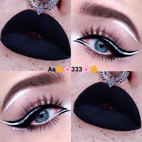 Makeup looks/ makeup ideas/ eye makeup/eye shadow looks/ lips/ lipsticks/ liparts/ black/ white Black Makeup Ideas, Eyeshadow Art, Eyeliner Wing, Goth Babe, White Eye Makeup, Crazy Eye Makeup, Autumn Core, Lip Combos, Makeup Steps