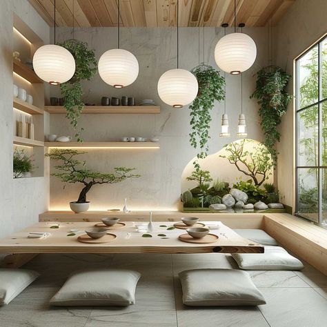 Japanese Inspired Dining Room, Nature Inspired Dining Room, Japan Dining Room, Asian Inspired Dining Room, Asian Decor Ideas, Japanese Interior Design Zen, Small Living And Dining Room Ideas, Dining Room Japanese, Small Kitchen And Dining Room Ideas