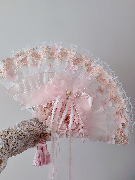 Original Handmade Lolita Cherry Blossom Pink Lace Flower Sweet Fan  This product only includes one fan. Other products need to be purchased separately through their respective links. Sakura Accessories, Sakura Dress, Steampunk Fashion Female, Colorful Room Decor, Pink Sakura, Lace Bag, Beaded Hat, Old Fashion Dresses, Sakura Cherry Blossom