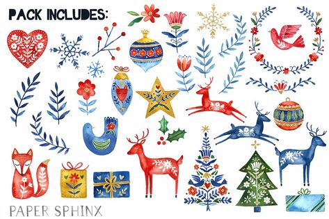 Watercolor Folk Christmas Clipart #art#wall#cards#Holiday Scandinavian Christmas Illustration, Folk Christmas, Nordic Folk Art, Christmas Folk Art, Folk Art Christmas, Christmas Woodland, Hey Diddle Diddle, Flower Christmas, Illustration Noel