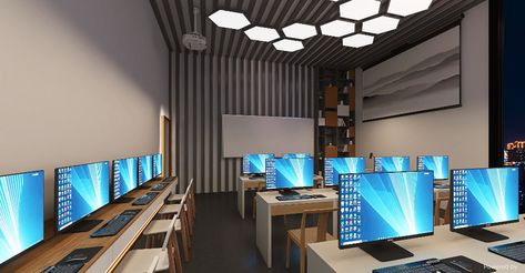 Computer classroom on Behance Computer Workshop Design, Modern Computer Lab Design, Computer Lab Design Interior, Computer Room School, Computer Classroom Design, School Computer Lab Design, Computer Classroom Decor, School Computer Room, Lab Komputer