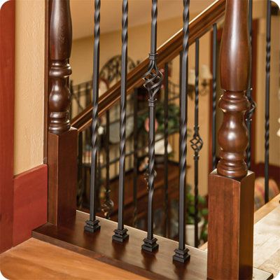 44" hollow metal deck railings are constructed of high-quality wrought iron and coated with a durable satin black powder finish that is resistant to fading, scratches, UV rays and rust | BTERAZ Wrought Iron Railings Metal | 0.5 W in | Wayfair B0C5GNC664 Metal Railing Staircase, Stair Railing Iron, Iron Railing Design, Wrought Iron Porch Railings, Iron Staircase Railing, Metal Deck Railing, Stair Railing Kits, Iron Spindles, Wrought Iron Railings