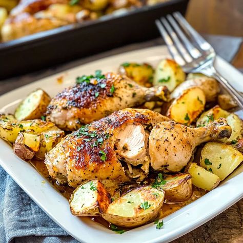 Roasted Chicken and Potatoes Recipe - Lemon Roasted Chicken And Potatoes, Chicken And Roasted Potatoes, Roast Chicken And Potatoes, Roasted Chicken Legs, Roasted Chicken And Potatoes, Chicken And Potatoes, Roasted Chicken Breast, One Pan Meals, Potatoes Recipe