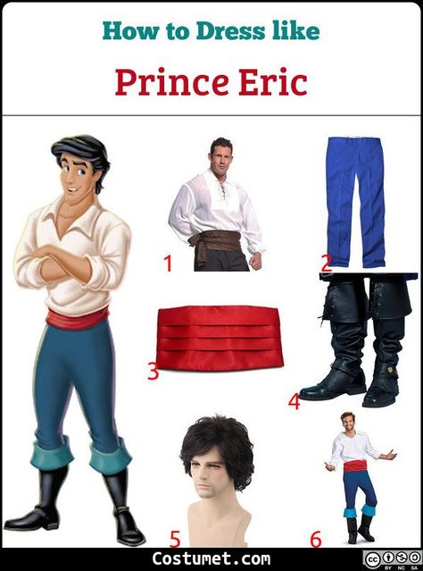 Prince Eric is mostly known for his sailor’s clothes. He wears a white tunic, blue pants, black boots, and a red cumberbund.            #TheLittleMermaid #male #movies #Disney #renaissance #sailor #TheLittleMermaid #prince Disney Costumes For Men, Eric Costume, Prince Eric Costume, Little Mermaid Characters, Run Disney Costumes, Little Mermaid Costume, Prince Costume, Cartoon Character Costume, Costume Boots