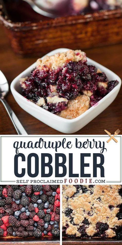 Four Berry Cobbler, Blackberry Blueberry Cobbler, Blueberry Raspberry Cobbler, Berry Desserts Easy, Fruit Cobbler Recipes Easy, Blueberry Raspberry Recipes, Berries Cobbler, Easy Berry Dessert, Fruit Cobbler Recipes