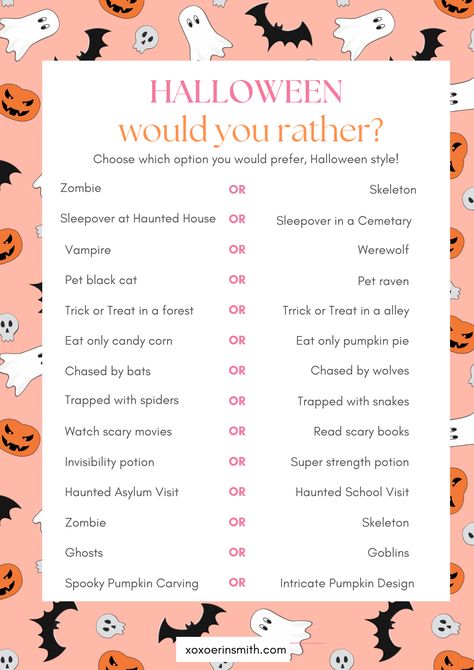 October Would You Rather Questions, Halloween Would You Rather Questions, Fall Would You Rather For Kids, Would You Rather Halloween Questions, Halloween Would You Rather For Kids, Would You Rather Halloween, Halloween Would You Rather, Would You Rather Questions For Kids, Halloween Worksheets Preschool