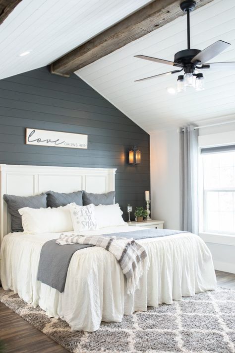 Grey Shiplap Wall Bedroom, Gray Shiplap Wall Bedroom, Headboard On Shiplap Wall, White And Gray Master Bed, Shipman Bedroom Wall, Bedroom Master Accent Wall, A Frame Accent Wall, Farmhouse Bedroom With Shiplap Accent Wall, Shiplap Bedroom Accent Wall Master Bathrooms