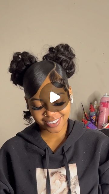 39K views · 7.2K likes | DolledByMyy💆🏽‍♀️🛍 on Instagram: "💗 Book The Look 💗  2 Pin curled buns with a swoop/bang 😍  ( No Edge Control )  - All hair textures are welcome 🫶🏽  ( Book ahead of time for all events coming up )   🎄 December bookings are going fast 🎄 - Hair classes are on sale rn with your choice of style !!🥳  #fyp #fypシ #fypage #explorepage #explorepage✨ #viral #viralvideos #viralreels #viralvideo #share #pinterest #pretty #contentcreator #ponytail #hairstylist #hair #hairtutorial #hairtransformation #hairideas #hairgoals #bookstagram #beauty #natural #nofilter #beautytips #beautiful #curlyhair #black #instagram #photooftheday" 2 Curly Buns With Swoop, Two Buns With A Swoop, Two High Buns With Swoop, Cute Diy Hairstyles Easy, Two Messy Buns With Swoop, 2 Space Buns With Swoop, Bun With Swoop Bangs Black Women, Swoop Two Buns, Swoop And Bun