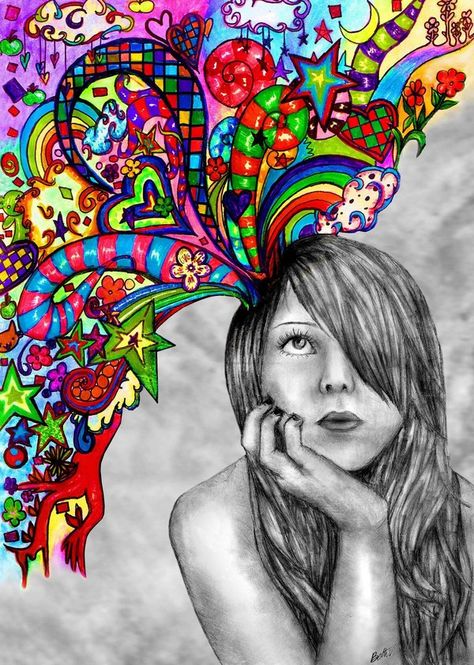 drawing of girl with colorful thoughts / dreams - ART Self Portrait Drawing Ideas Creative, Mind Valley, School Sketches, Boom Kunst, Start School, 얼굴 그리기, Coloring Ideas, Ecole Art, Eighth Grade