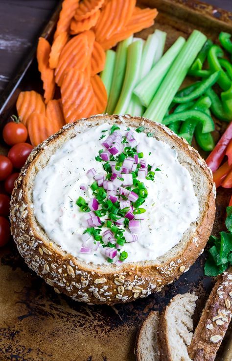 Dip In Bread Bowl, Bread Bowl Dip, Veggie Dip Recipe, Vegetarian Dip, Boil Recipes, Veggie Options, Cold Dip Recipes, Bread Bowl Recipe, Crunchy Veggies