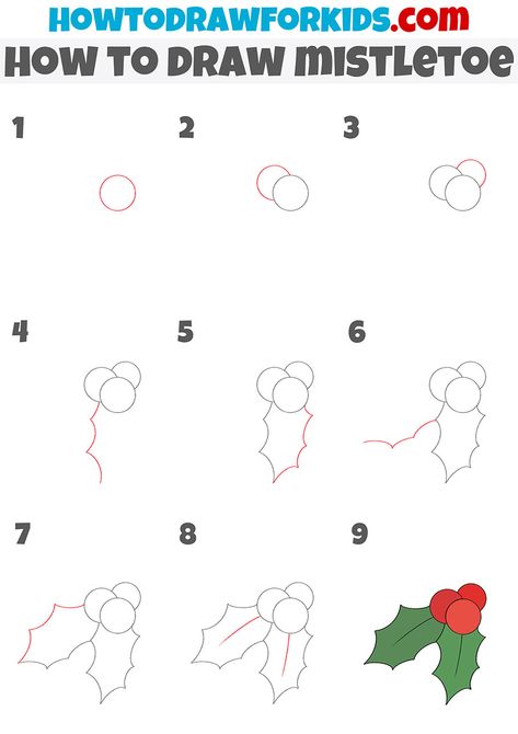 Drawing Of Mistletoe, How To Draw Mistletoe Easy, How To Draw Holiday Stuff, Mistletoe Painting Easy, How To Make A Mistletoe Diy, How To Paint Mistletoe, Mistletoe Drawing Simple, Miseltoe Drawings, Christmas Mistletoe Drawing