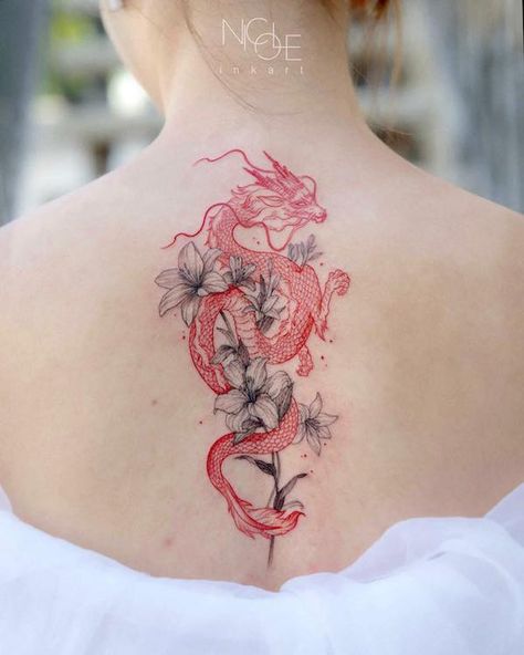 A red dragon entwined with lily flower Red Dragon Tattoo With Cherry Blossoms, Dragon With Sunflowers Tattoo, Red Dragon With Flowers Tattoo, Dragon Tattoo With Red Flowers, Tattoo Dragon With Flowers, Korean Dragon Tattoo For Women, Dragon And Sunflower Tattoo, Red Dragon Black Flowers Tattoo, Red Line Dragon Tattoo