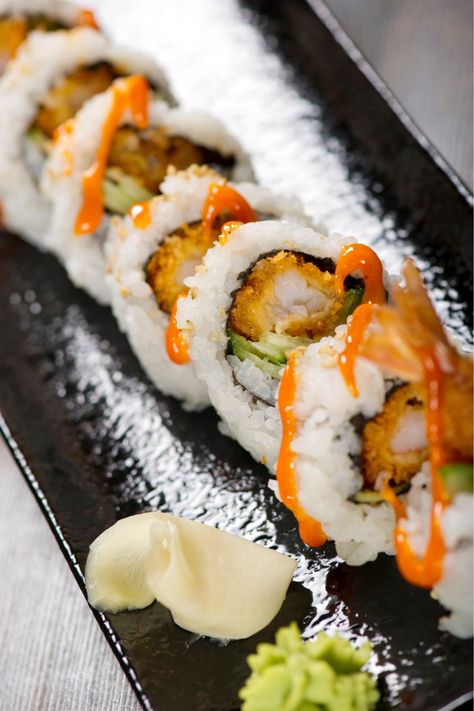 Best Dynamite Roll Sushi - IzzyCooking Dynamite Roll Sushi, Dynamite Roll, Dinner Party Appetizer, Mango Sushi, Cucumber Mango, Dinner Party Appetizers, Roll Sushi, Avocado Cucumber, Tempura Batter