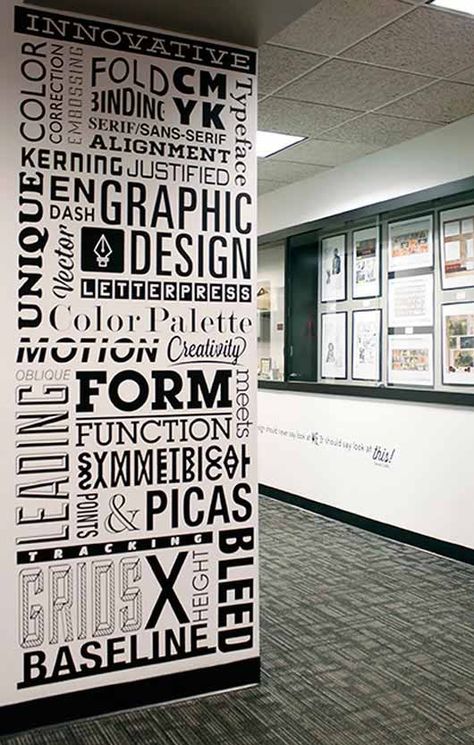 Typography Wall Art  from: http://jayce-o.blogspot.com Wall Typography, Gray Interior Doors, Exhibition Inspiration, Office Graphics, Wall Signage, Corporate Interiors, Typography Wall, Typography Wall Art, Environmental Design