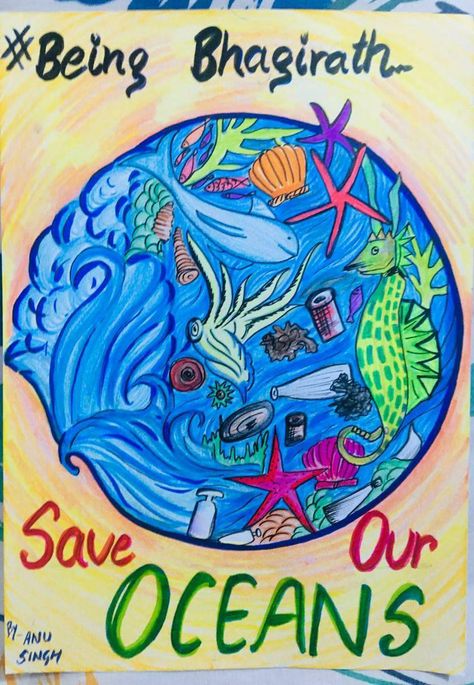 World ocean day poster World Ocean Day Poster, Ocean Day Poster, School Poster Ideas, Human Heart Art, Slogan Writing, World Ocean Day, Poster Competition, School Book Covers, Brush Pen Art