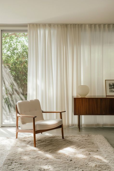 Curtains Living Room Mid Century Modern, Mid Century Curtains Living Room, White Mid Century Modern Living Room, Mid Century Modern Living Room Minimalist, Midcentury Modern Living Room Design, Curtains Mid Century, Mid Century Curtains, Modern White Living Room, Bohemian Interiors