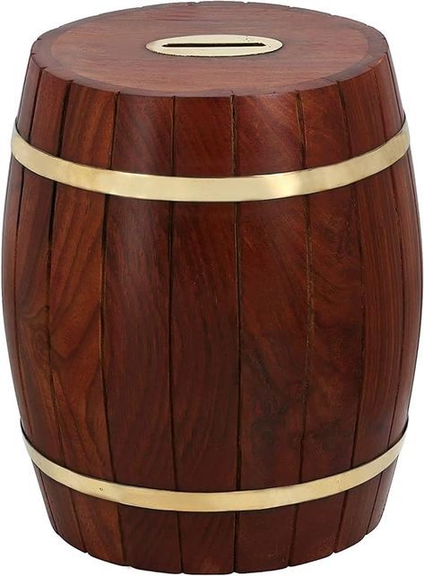 Ajuny Handcrafted Sheesham Wood Barrel Shape Piggy Bank with Brass Accents - 7 x 5 x 5 Inches - Vintage Inspired Wooden Money Bank/Coin Holder - for kids and adults : Amazon.co.uk: Home & Kitchen Vintage Barrel, Wooden Barrels, Wood Barrel, Bank Money, Brass Rings, Wooden Barrel, Money Bank, Sheesham Wood, Money Saver