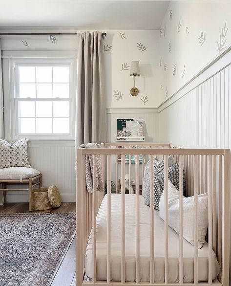 Neutral Nursery With Panelling, Double Nursery Ideas, Bead Board And Wallpaper Nursery, Beige Crib Nursery, Gender Neutral Nursery Board And Batten, Sea Salt Sherwin Williams Nursery, Low Ceiling Nursery, Nursery With Beadboard Walls, Vertical Shiplap Nursery