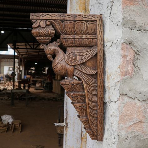 Set of 2 Traditional Vintage Antique Polish Handmade Peacock Designed Authentic Southern India Wooden Door Bracket Artistry Corbels - Etsy Door Brackets, Norwegian Rosemaling, Wooden Corbels, Wooden Brackets, Vintage Carnival, Peacock Design, Baby Nursery Decor, Sacred Art, Old Antiques