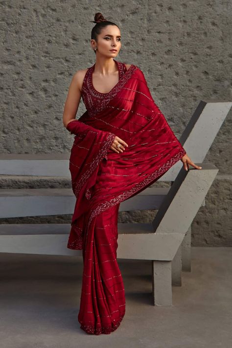 Buy Red Banarasi Silk Woven Floral Saree For Women by Nazaakat by Samara Singh Online at Aza Fashions. Backless Blouse Designs Sleeveless, Blouse Designs Sleeveless, Wine Saree, Sleeveless Blouse Designs, Sleeveless Blouse Saree, Halter Neck Blouses, Butterfly Net, Backless Blouse Designs, Halter Blouse