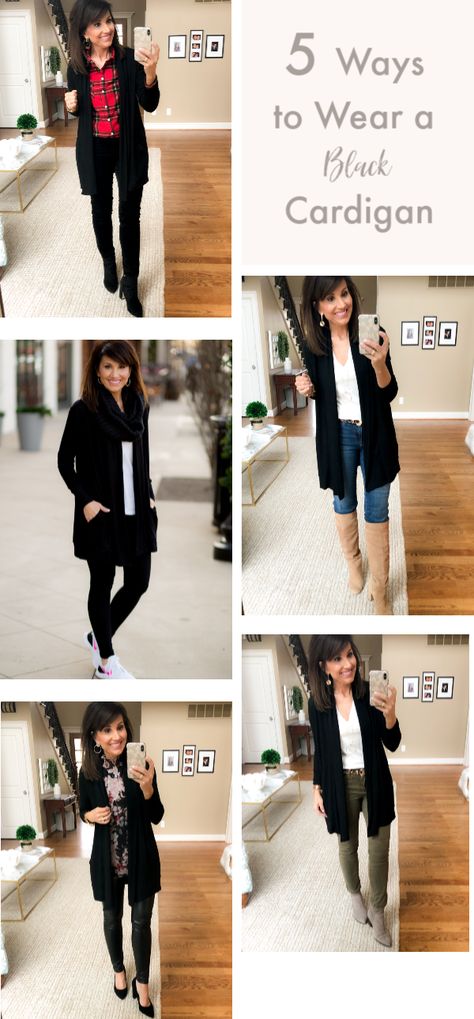 5 Ways to Wear a Black Cardigan Black Cardigan Outfit Work, Long Black Cardigan Outfit, Black Pants Work Outfit, Cardigan Work Outfit, Cardigan Outfit Work, Black Pants Work, Black Cardigan Outfit, Winter Cardigan Outfit, Outfits Simple