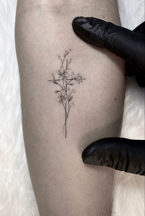 Small Dainty Daffodil Tattoo, Neck Cross Tattoos Women, Cross And Bird Tattoo, Lily Of The Valley Cross Tattoo, Christian Flower Tattoos, Just As I Am Tattoo, Flower Cross Rib Tattoo, Cross With Daffodils Tattoo, Birth Flower Cross Tattoo